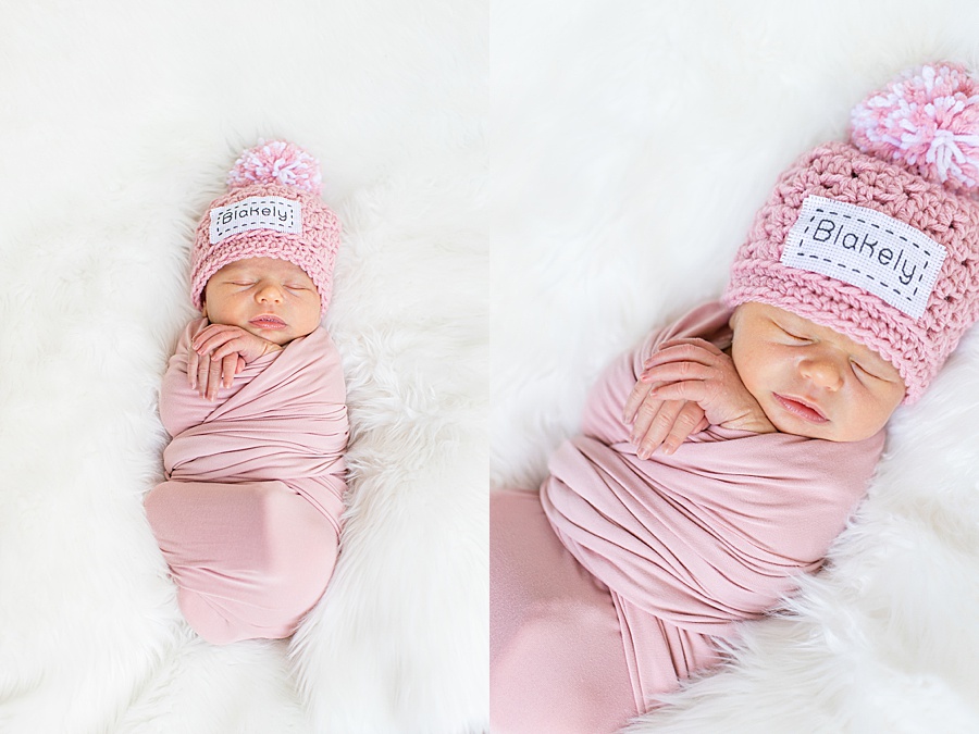 newborn swaddled in pink knit hat