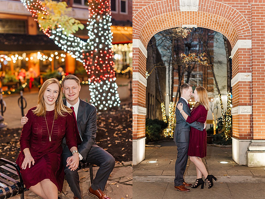 couple in downtown setting with christmas lights
