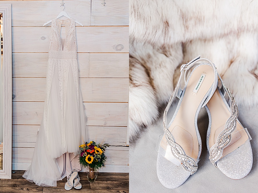 lace wedding dress and silver wedding shoes with fur wrap