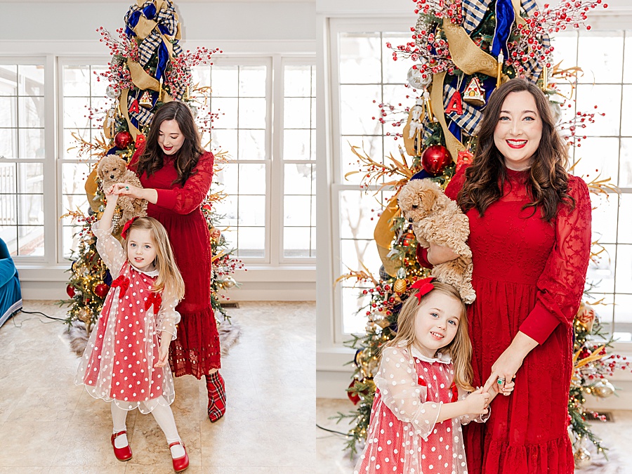 Christmas portraits with puppy and christmas tree
