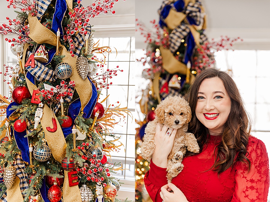 Christmas tree puppy and woman in red dress