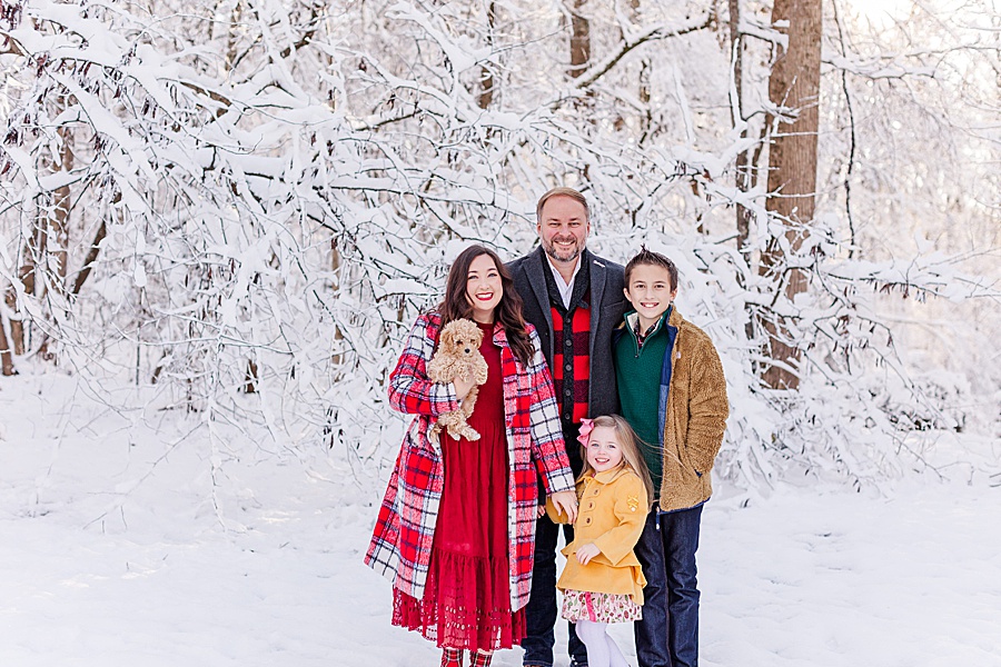 snowy family portraits with puppy with yellow child peacoat