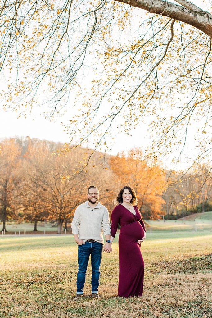 golden fall color maternity session couple holding hands and baby bump
