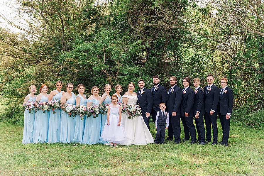 blush and blue baptist church wedding bridal party