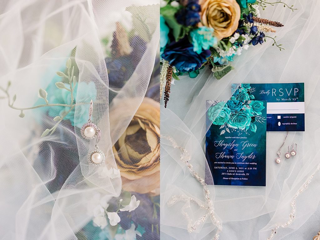 wedding details in teal and navy
