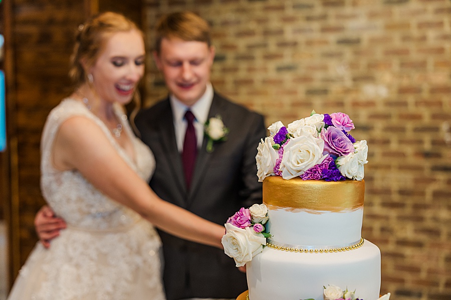 gold white and lavender wedding cake