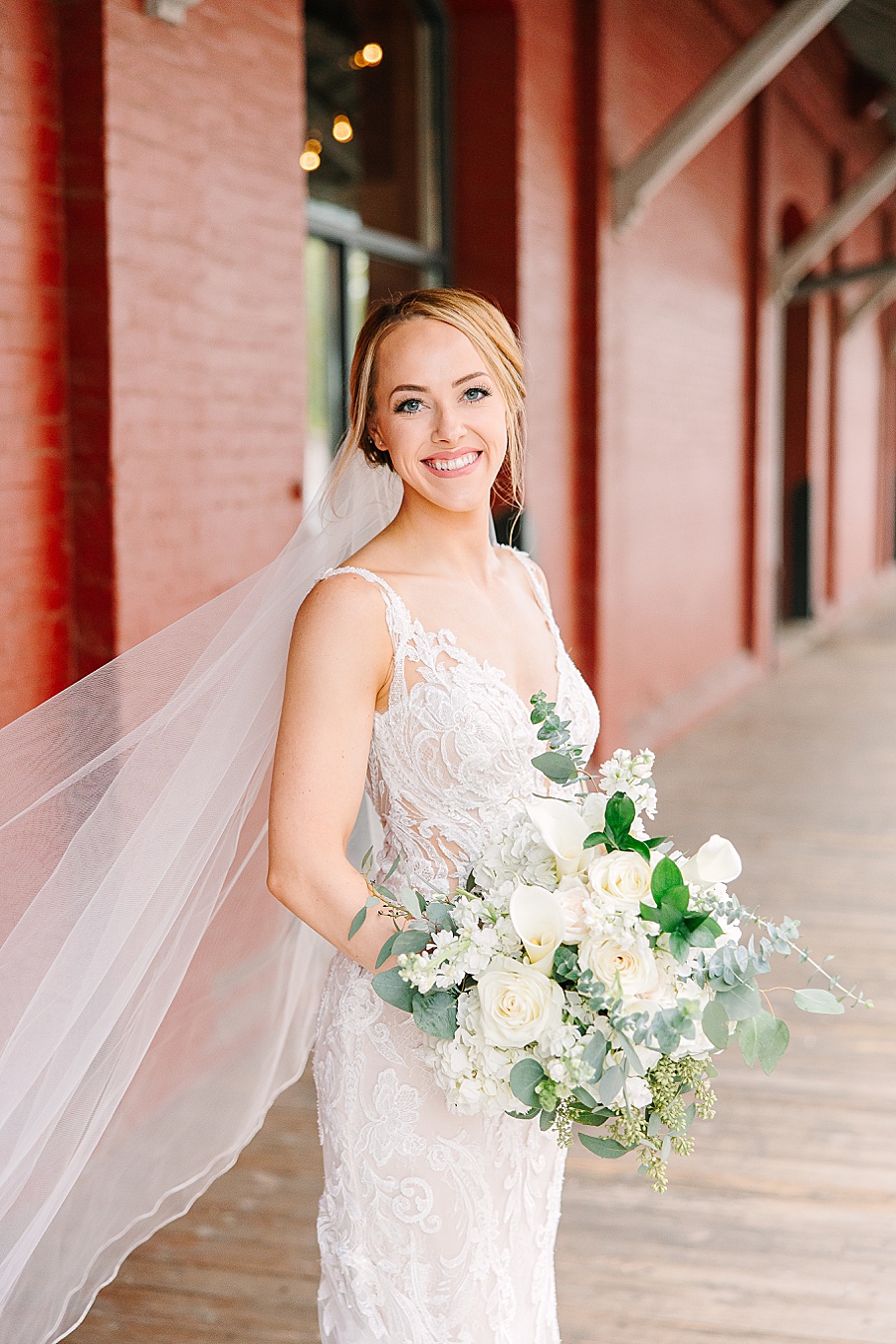Bridal portrait in lace bridal gown at Jackson Terminal in Knoxville TN by Mandy Hart Photo, Knoxville TN Wedding Photographer