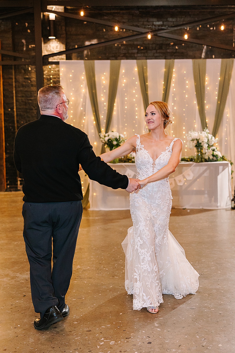 Bride & dad dancing at reception at Jackson Terminal events wedding in Knoxville TN by Mandy Hart Photo, Knoxville TN Wedding Photographer