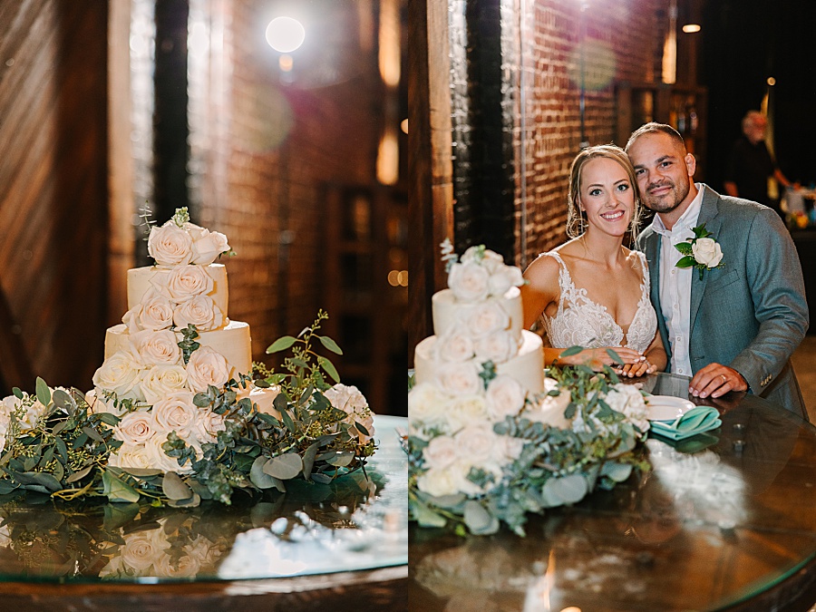 Bride & groom with wedding cake at reception at Jackson Terminal events wedding in Knoxville TN by Mandy Hart Photo, Knoxville TN Wedding Photographer