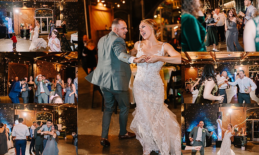 Party dancing at reception at Jackson Terminal events wedding in Knoxville TN by Mandy Hart Photo, Knoxville TN Wedding Photographer