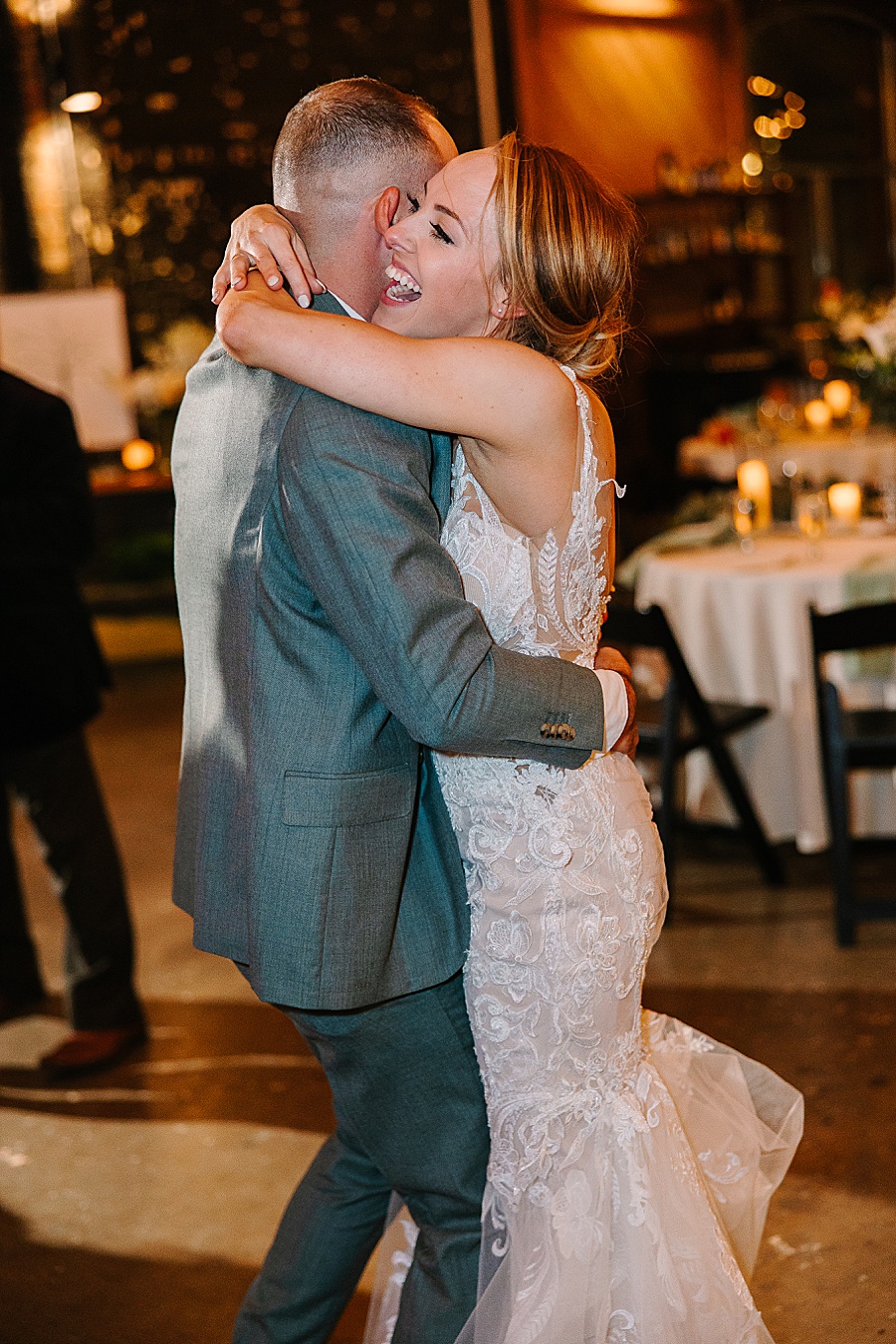 Bride & Groom dancing at reception at Jackson Terminal events wedding in Knoxville TN by Mandy Hart Photo, Knoxville TN Wedding Photographer