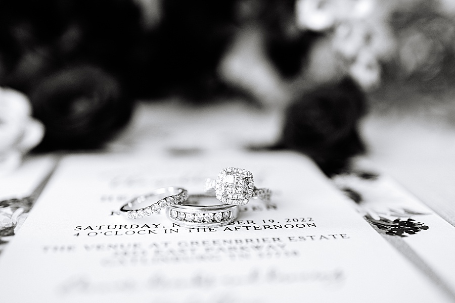 Black and white image of wedding rings on invitation at Venue at Greenbrier Estate by Mandy Hart Photo Knoxville Wedding photographer
