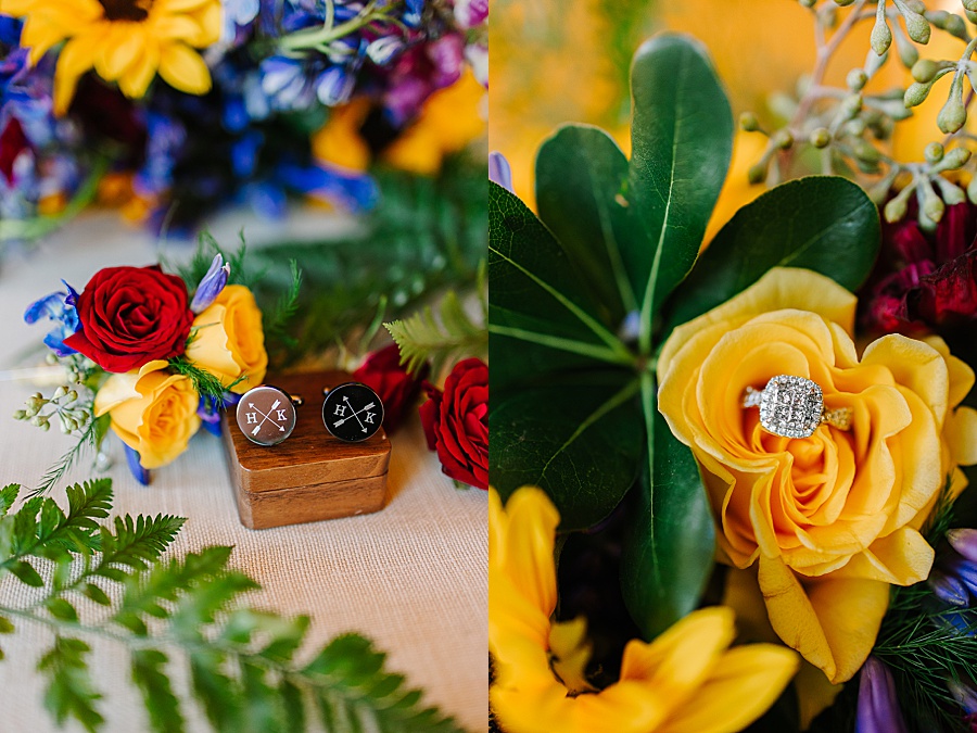 vibrant florals and cuff links and wedding ring at Venue at Greenbrier Estate by Mandy Hart Photo Knoxville Wedding photographer