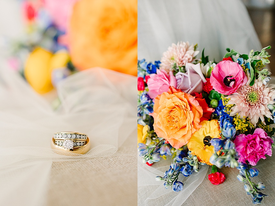 Vibrant spring florals and gold wedding rings