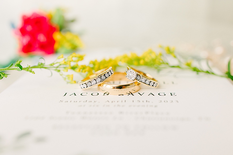 Wedding rings on invitation in detail
