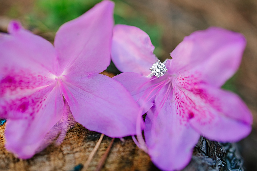 macro wedding ring shot on a purple azalea