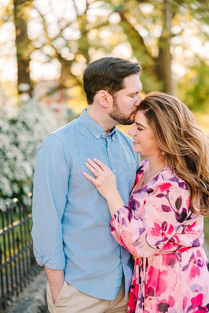 couple kissing during their downtown chattanooga engagement session 