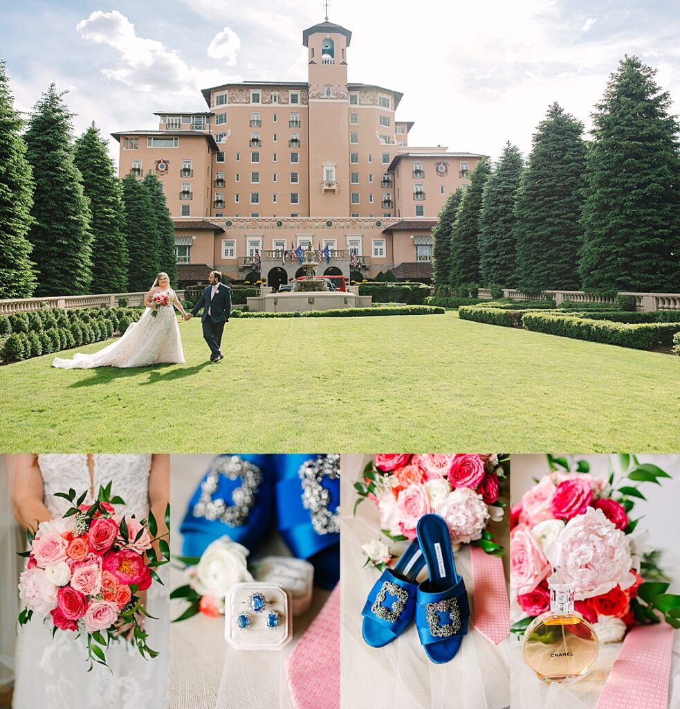 Summer wedding in colorful pinks and blues at the Broadmoor in Colorado Springs