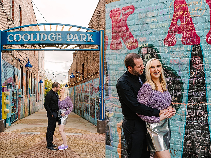 couple embracing in chalk alley in Chattanooga TN