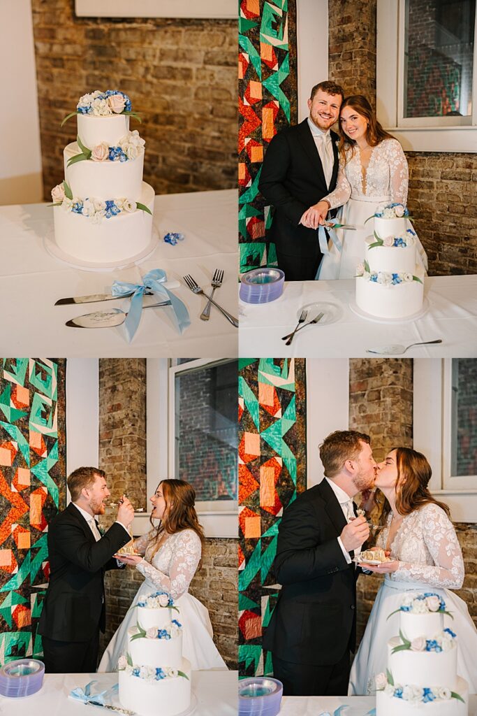 bride and groom cutting their cake