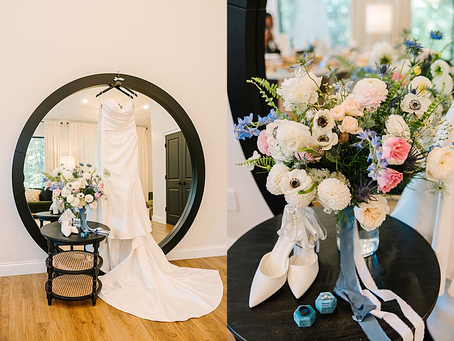 wedding dress hanging in the glass house bridal house at Nichols Heir
