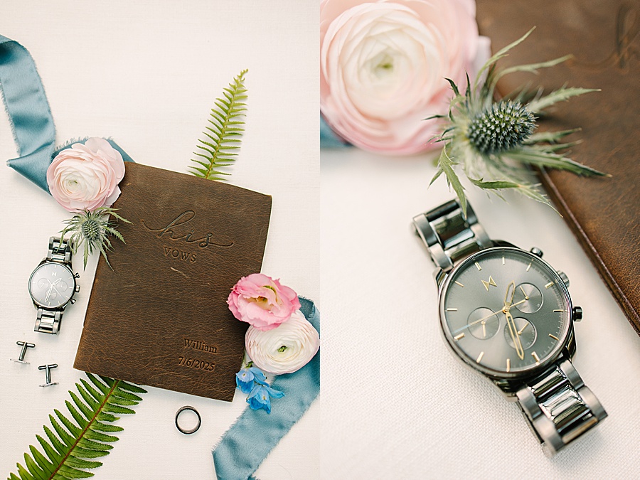 groom's details at lush floral wedding at glass house at Nichols Heir