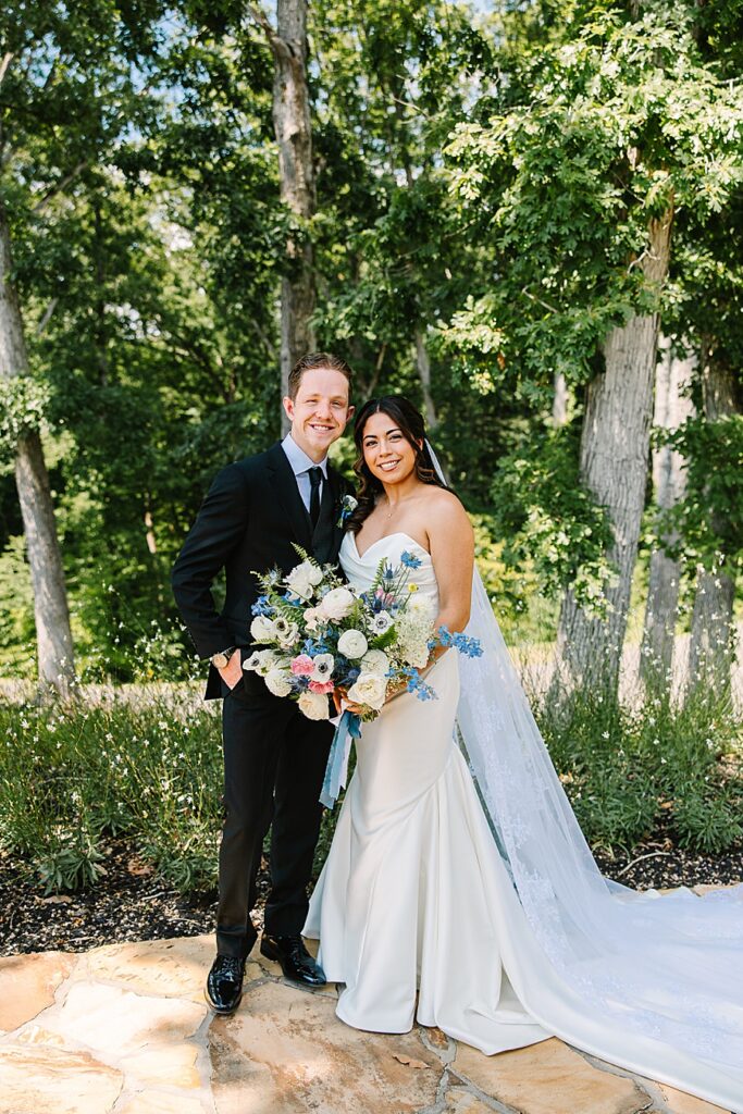 Bride and groom in garden at Nichols Heir