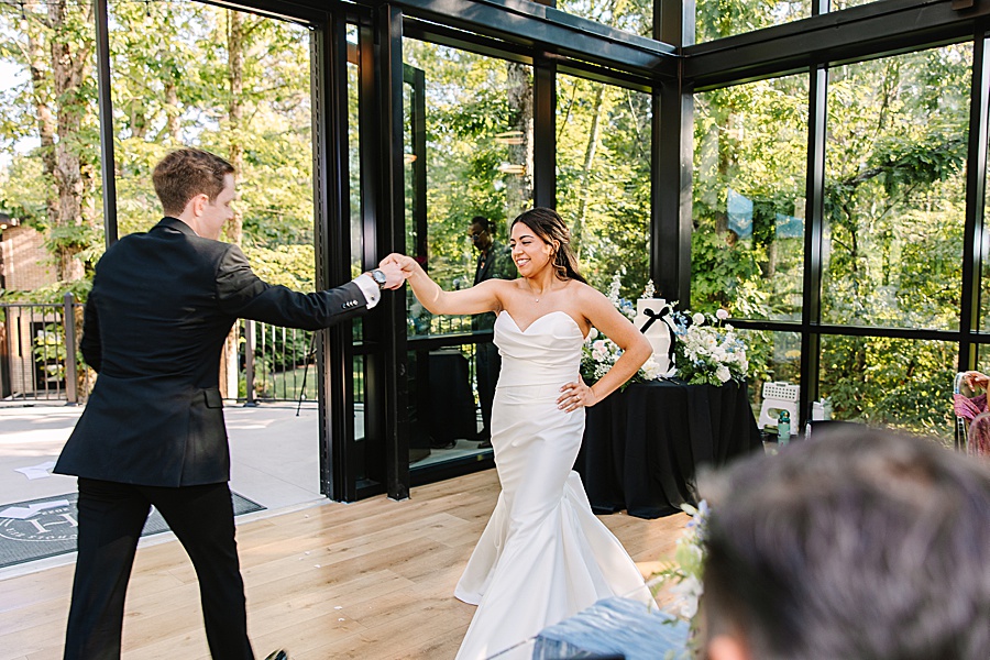 bride and groom sharing first dance at Glass House at Nichols Heir