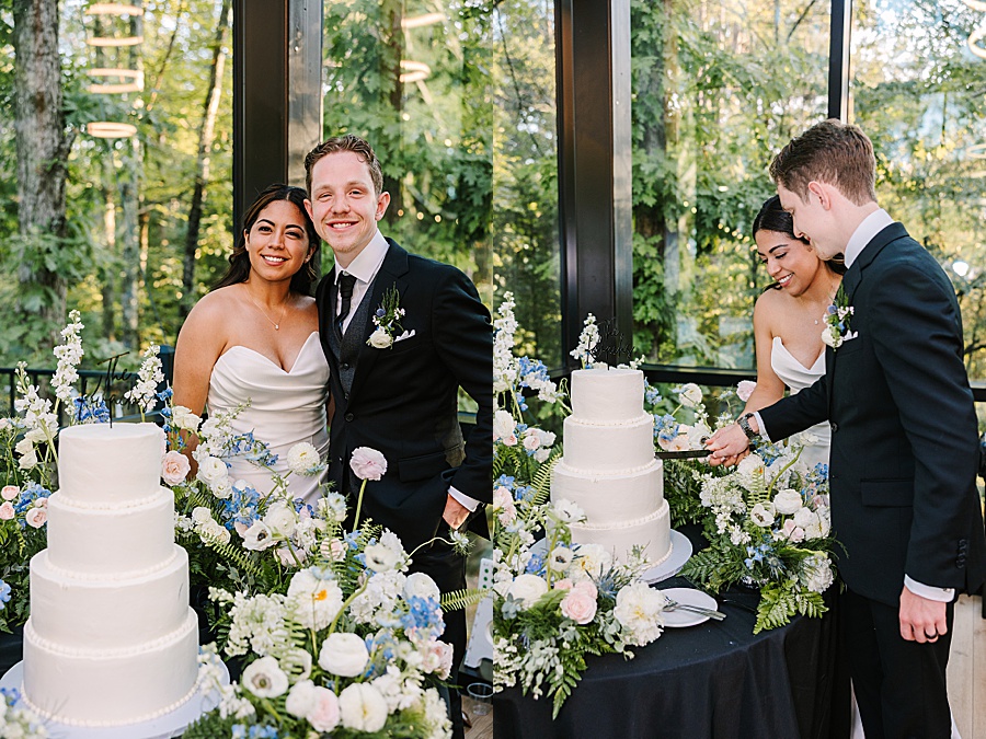 bride and groom cutting white 4 tier wedding cake at Glass House wedding at Nichols Heir