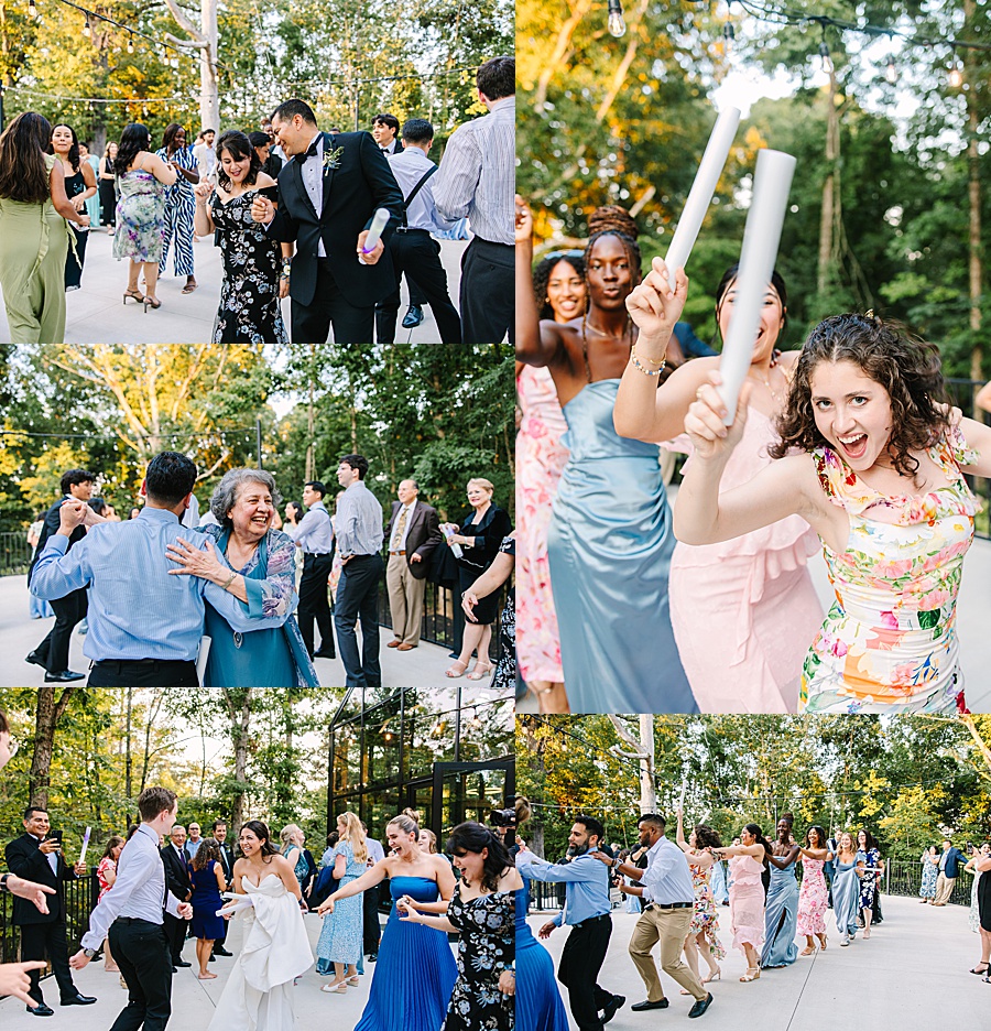 guests dancing on patio at Glass House at Nichols Heir during wedding reception