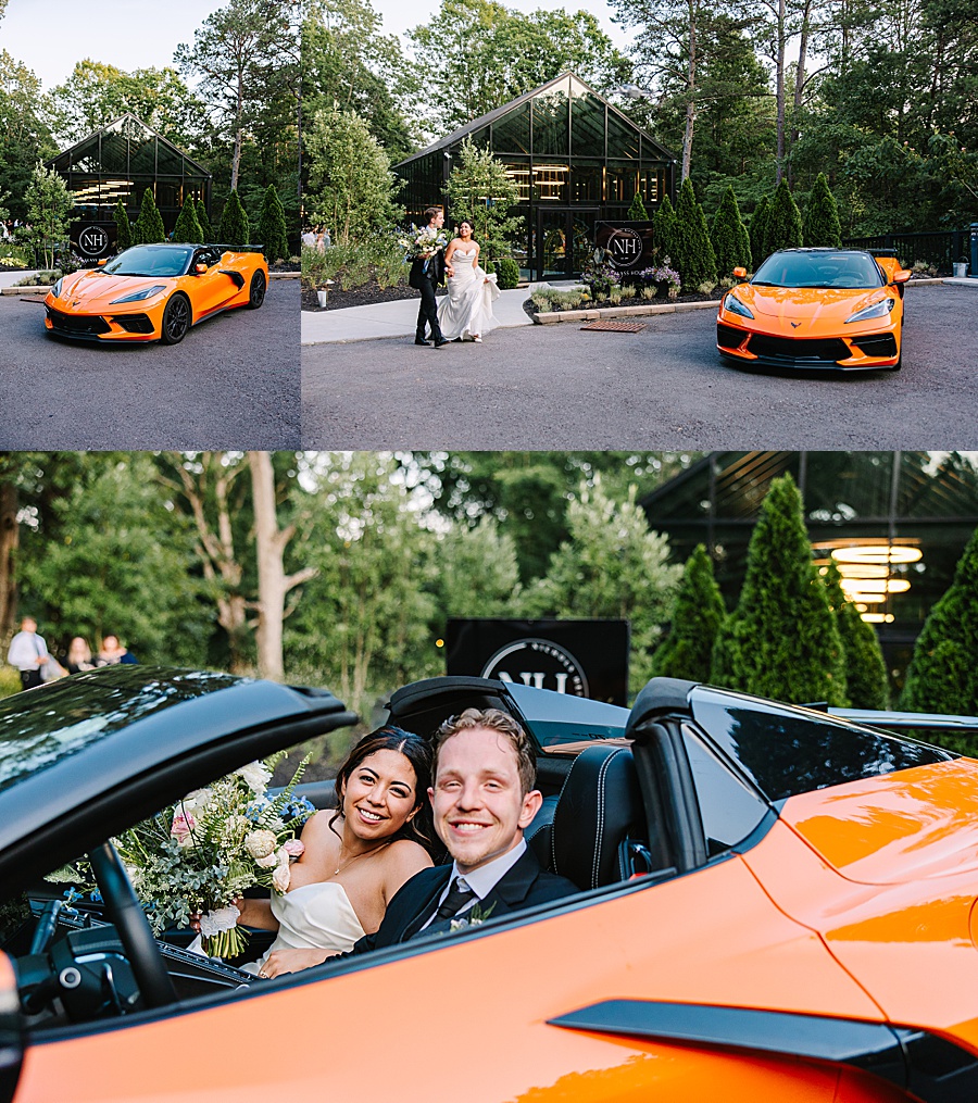 orange corvette convertible wedding day getaway car outside of Nichols Heir Glass house with bride and groom