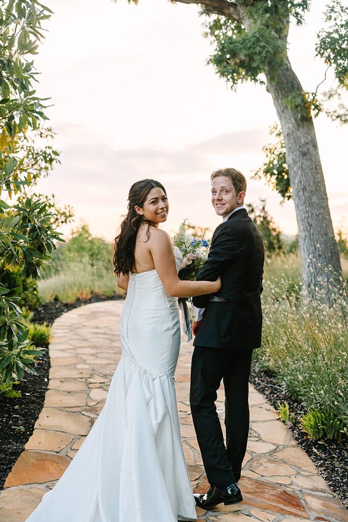 bride and groom at sunset at the garden at Nichols Heir