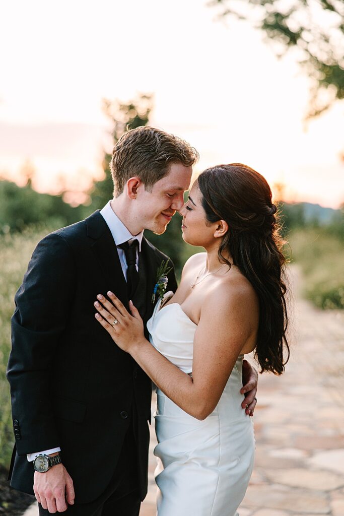 bride and groom at sunset at the garden at Nichols Heir
